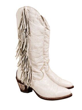 80s Vintage Zodiac White Pointed Toe Fringe Boot Metal Heel 7.5 Festival Western